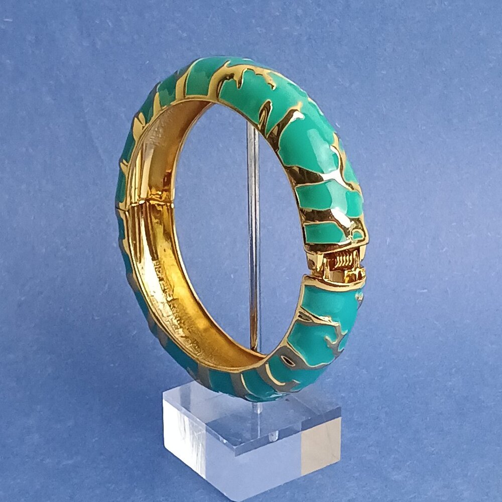 Coral Reef Pattern Enamel Hinge Cuff Clamper Bracelet Turquoise Gold Tone Casual